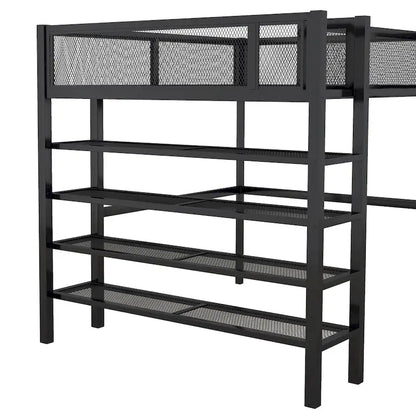Full Size Metal Loft Bed with 4-Tier Shelves and Storage, Black