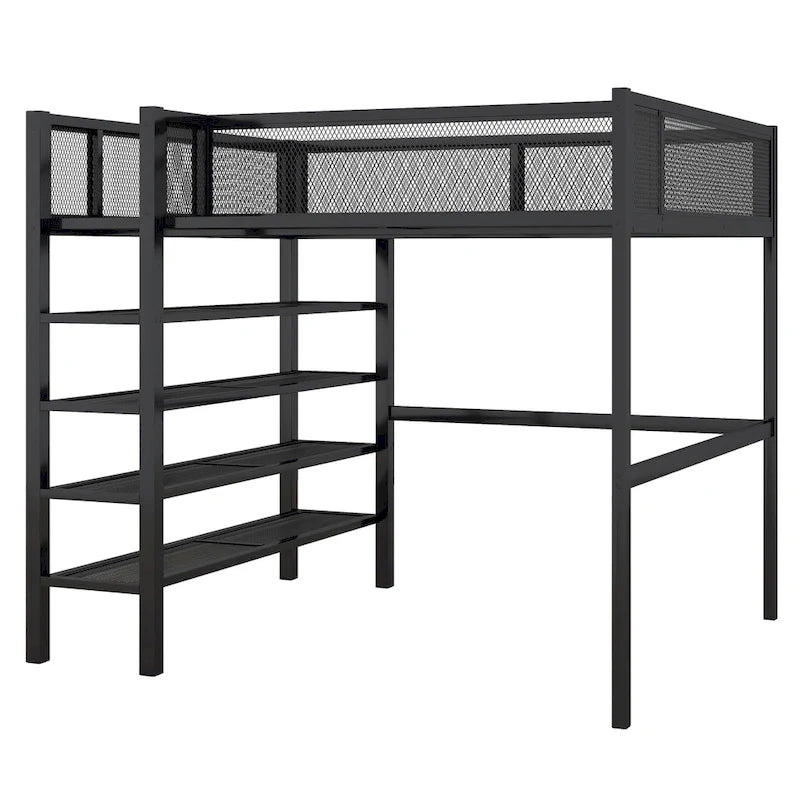 Full Size Metal Loft Bed with 4-Tier Shelves and Storage, Black
