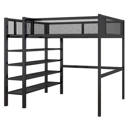 Full Size Metal Loft Bed with 4-Tier Shelves and Storage, Black