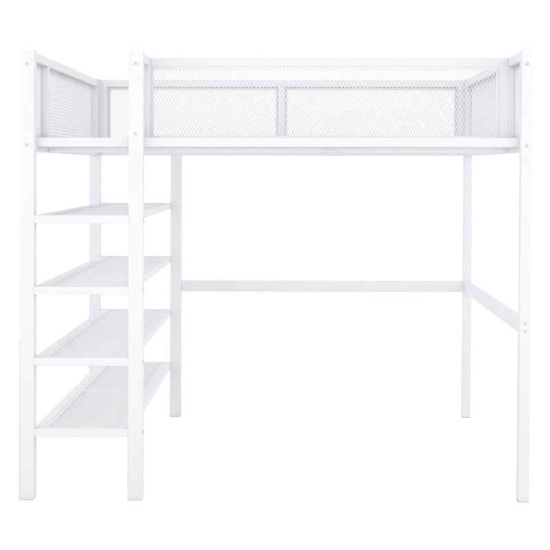 Full Size Metal Loft Bed with 4-Tier Shelves and Storage, Black