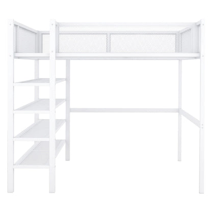 Full Size Metal Loft Bed with 4-Tier Shelves and Storage, Black