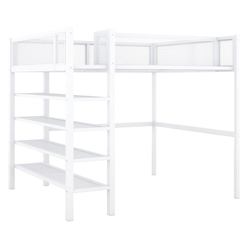 Full Size Metal Loft Bed with 4-Tier Shelves and Storage, Black