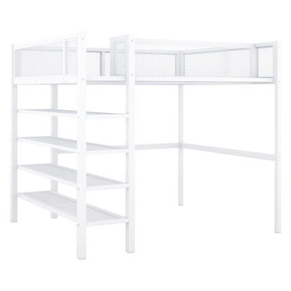 Full Size Metal Loft Bed with 4-Tier Shelves and Storage, Black