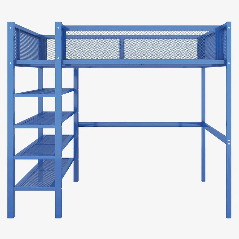 Full Size Metal Loft Bed with 4-Tier Shelves and Storage, Black
