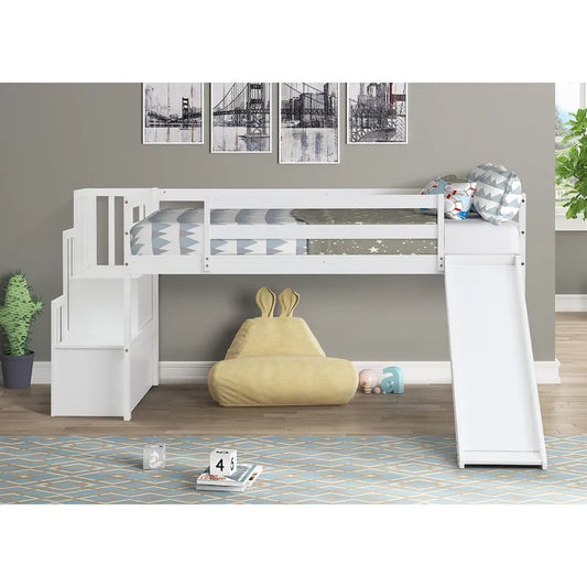 Loft Bed with Staircase, Storage, Slide, Twin size, Full-length Safety Guardrails, No Box Spring Needed, Grey