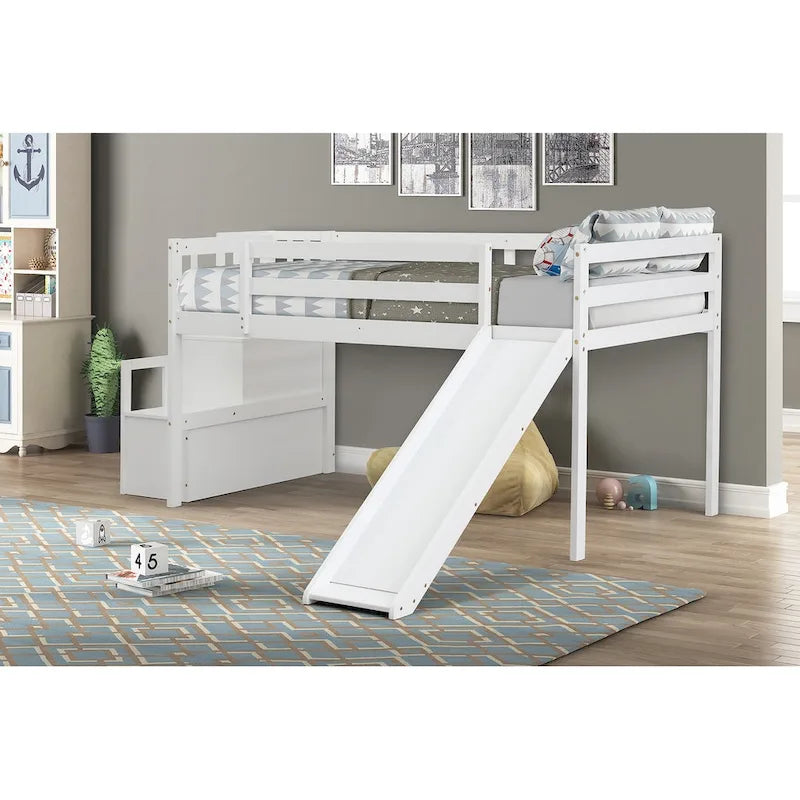 Loft Bed with Staircase, Storage, Slide, Twin size, Full-length Safety Guardrails, No Box Spring Needed, Grey