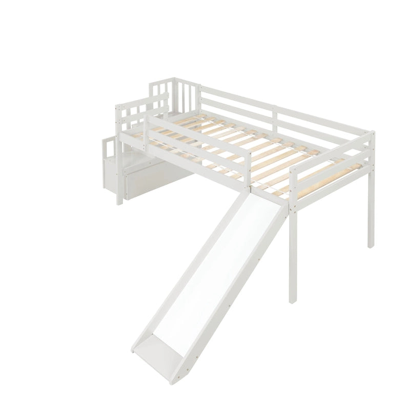 Loft Bed with Staircase, Storage, Slide, Twin size, Full-length Safety Guardrails, No Box Spring Needed, Grey