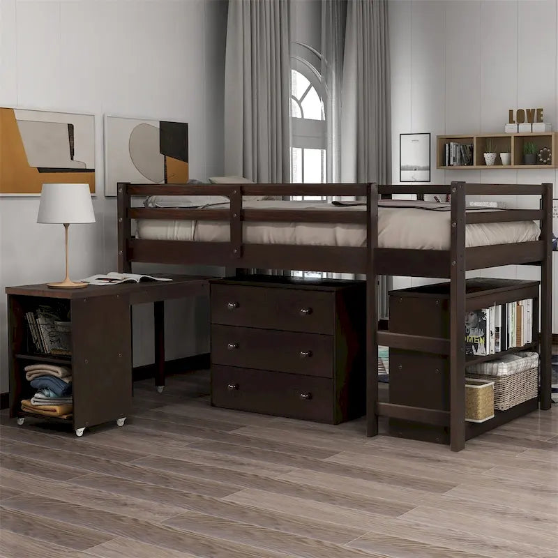 Merax Twin Low Loft Bed with Desk and Cabinet