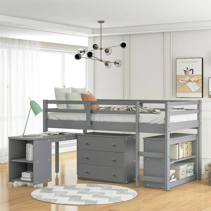 Merax Twin Low Loft Bed with Desk and Cabinet