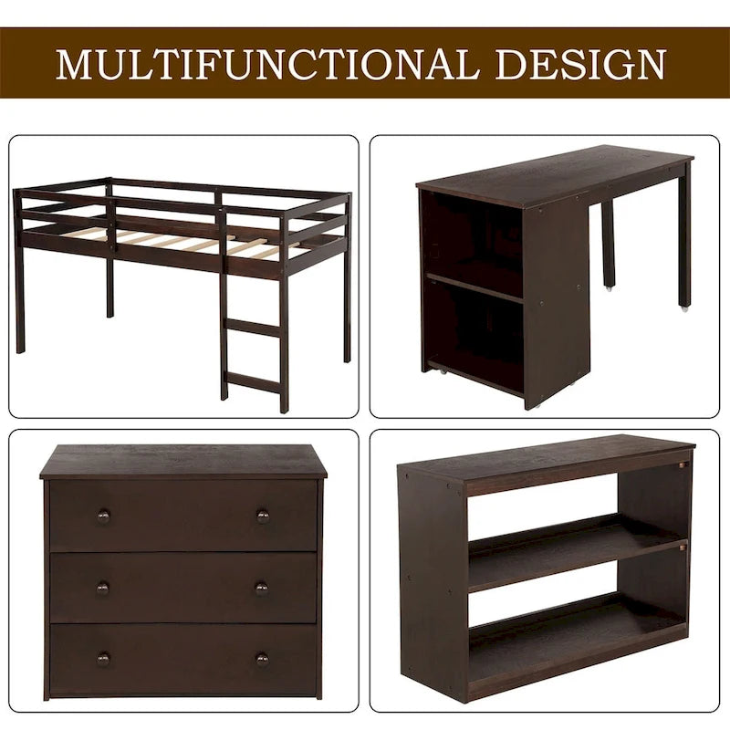Merax Twin Low Loft Bed with Desk and Cabinet