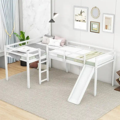 Merax L-Shaped Twin Size Wood Loft Bed with Ladder and Slide