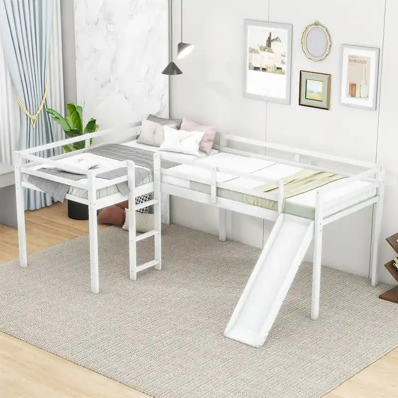 Merax L-Shaped Twin Size Wood Loft Bed with Ladder and Slide