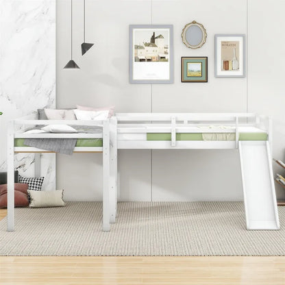 Merax L-Shaped Twin Size Wood Loft Bed with Ladder and Slide