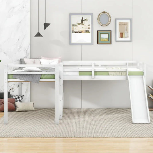 Merax L-Shaped Twin Size Wood Loft Bed with Ladder and Slide