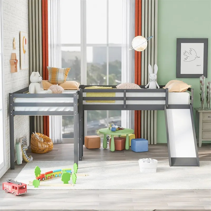 Merax L-Shaped Twin Size Wood Loft Bed with Ladder and Slide