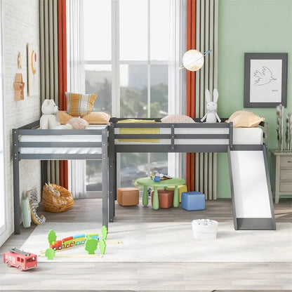 Merax L-Shaped Twin Size Wood Loft Bed with Ladder and Slide