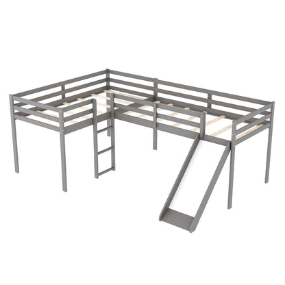 Merax L-Shaped Twin Size Wood Loft Bed with Ladder and Slide