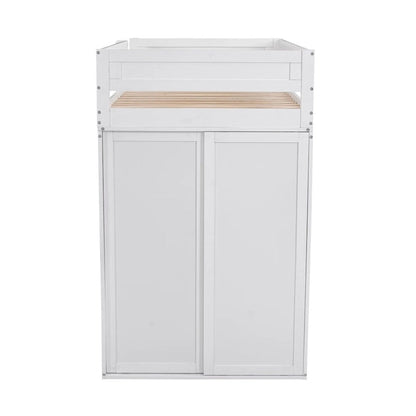 Merax Wood Loft Bed with Wardrobes and 2-Drawer Desk with Cabinet