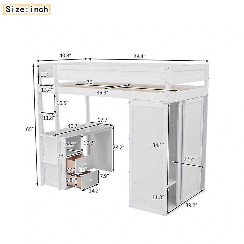 Merax Wood Loft Bed with Wardrobes and 2-Drawer Desk with Cabinet