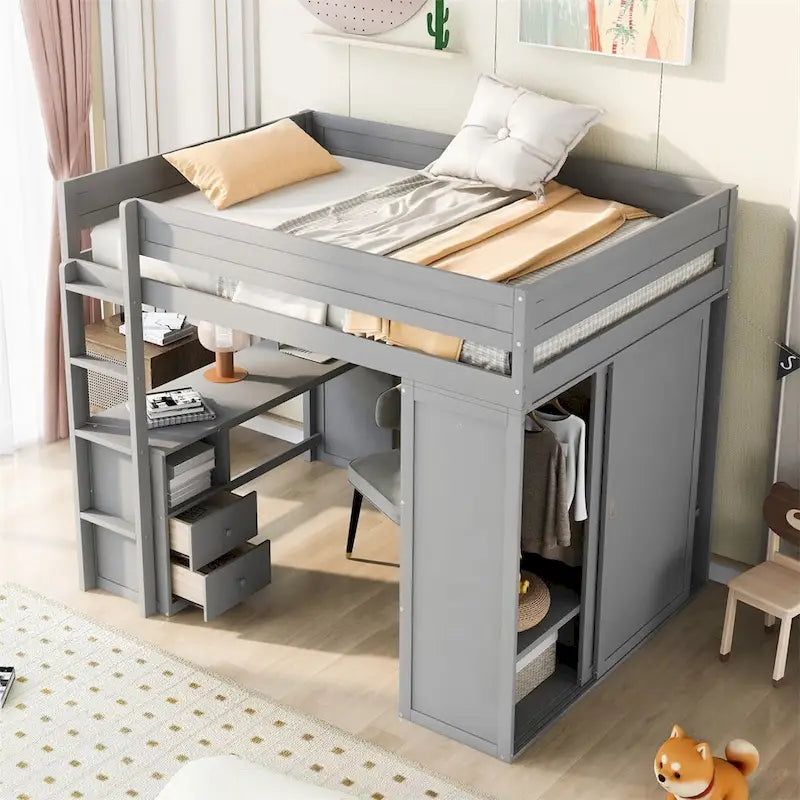 Merax Wood Loft Bed with Wardrobes and 2-Drawer Desk with Cabinet