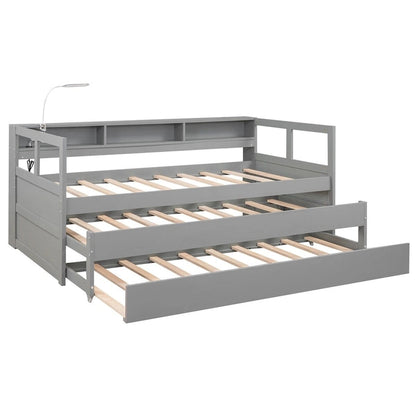 Merax Twin XL Wood Daybed with 2 Trundles, 3 Storage Cubbies, 1 Light for Free and USB Charging Design