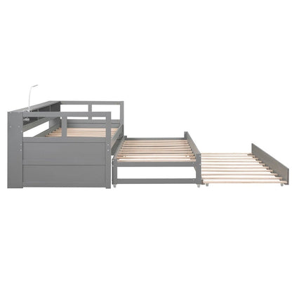 Merax Twin XL Wood Daybed with 2 Trundles, 3 Storage Cubbies, 1 Light for Free and USB Charging Design