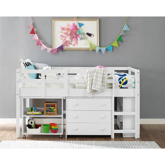 Twin Size Loft Bed with Desk Low Study Kids Twin Loft Bed with Storage Pine Wood Loft Bed for Kids Twin Loft Bed with Cabinet
