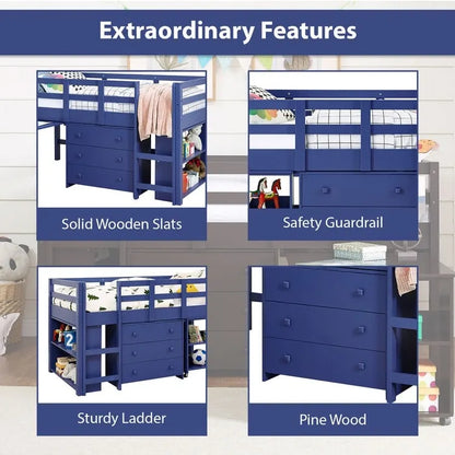 Twin Size Loft Bed with Desk Low Study Kids Twin Loft Bed with Storage Pine Wood Loft Bed for Kids Twin Loft Bed with Cabinet
