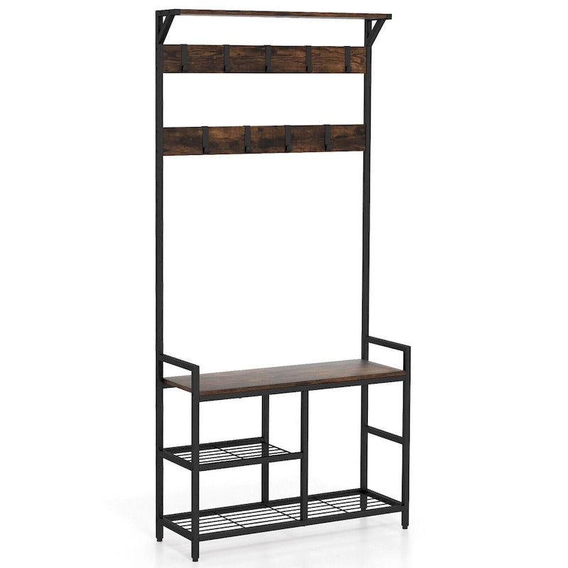 71 Inch Freestanding Hall Tree with Shoe Bench and 9 Removable Hooks-Rustic Brown - 33 x 12 x 71