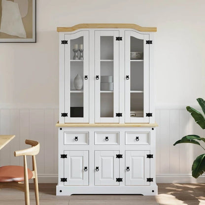 vidaXL Highboard, 44.1x17x77.2 Inches, White and Natural Finish Top - 44.1 x 16.9 x 77.2