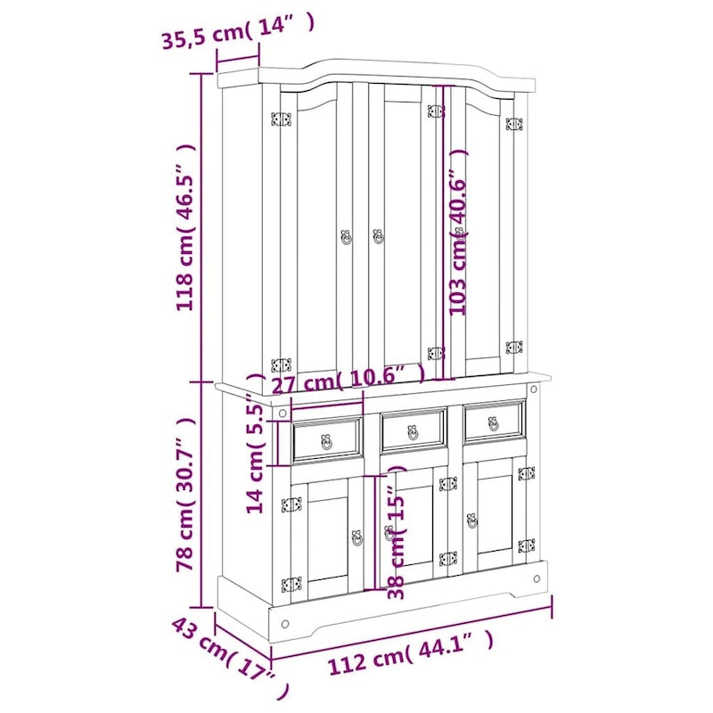 vidaXL Highboard, 44.1x17x77.2 Inches, White and Natural Finish Top - 44.1 x 16.9 x 77.2