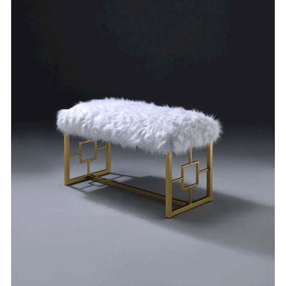 Modern Style Faux Fur Upholstered Bench with Geometrical Side Panels, White and Gold - 21 H x 17.5 W x 37.5 L Inches