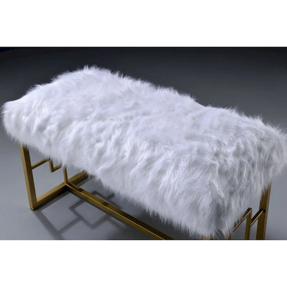 Modern Style Faux Fur Upholstered Bench with Geometrical Side Panels, White and Gold - 21 H x 17.5 W x 37.5 L Inches
