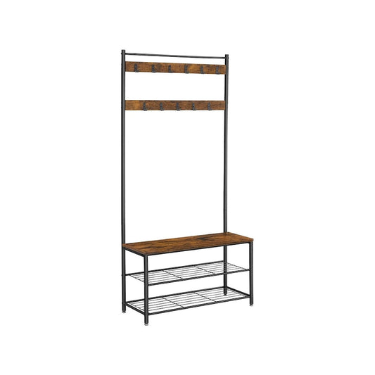 Coat Rack, Hall Tree with Shoe Storage Bench, Entryway Bench with Shoe Storage, 3-in-1, Rustic Brown and Black
