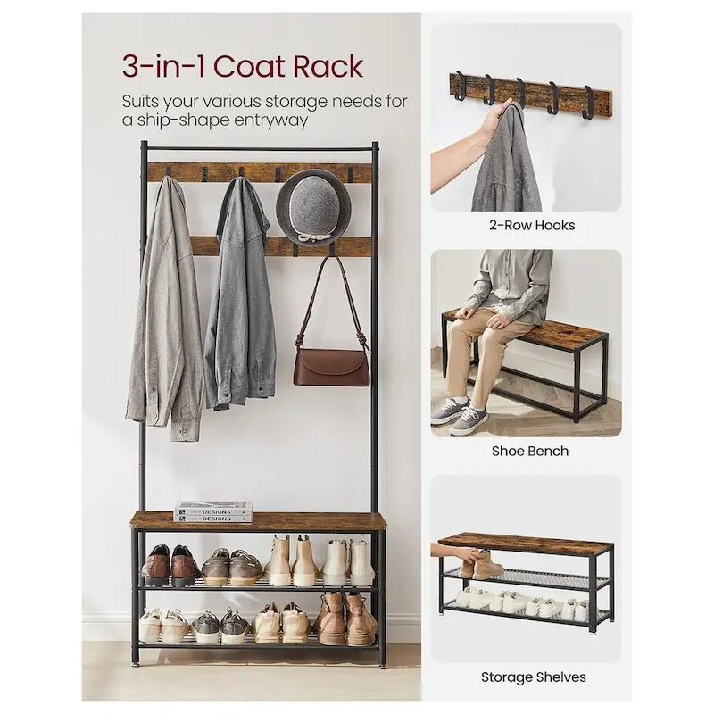 Coat Rack, Hall Tree with Shoe Storage Bench, Entryway Bench with Shoe Storage, 3-in-1, Rustic Brown and Black