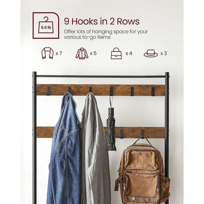 Coat Rack, Hall Tree with Shoe Storage Bench, Entryway Bench with Shoe Storage, 3-in-1, Rustic Brown and Black