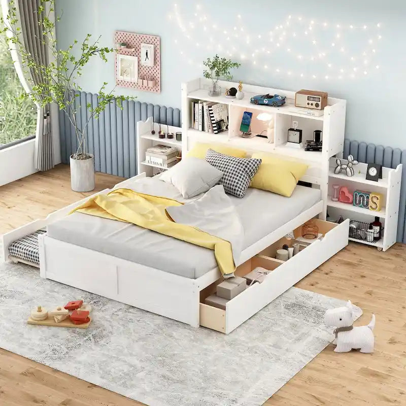 Storage Platform Bed with Pull Out Shelves, Trundle and 2 Drawers