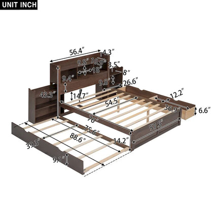 Storage Platform Bed with Pull Out Shelves, Trundle and 2 Drawers