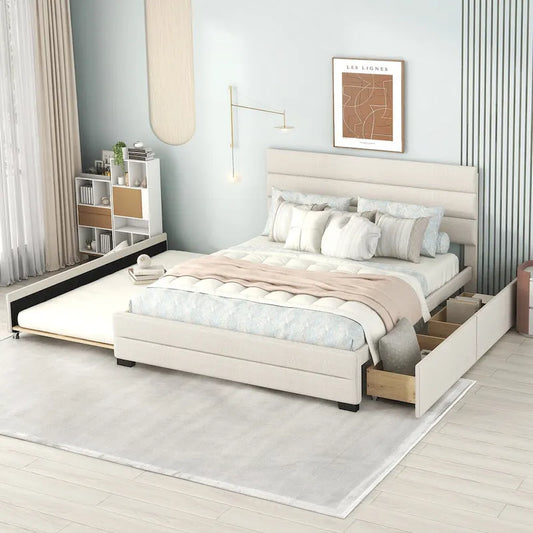 Upholstered Platform Bed with Trundle and Two Drawers