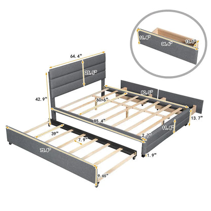 Upholstered Platform Bed with Trundle and Two Drawers