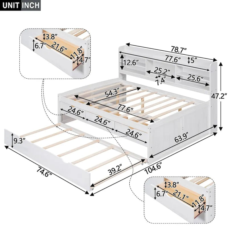 Full Size Wooden Captain Bed with Built-in Bookshelves,Three Storage Drawers and Trundle