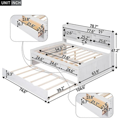 Full Size Wooden Captain Bed with Built-in Bookshelves,Three Storage Drawers and Trundle