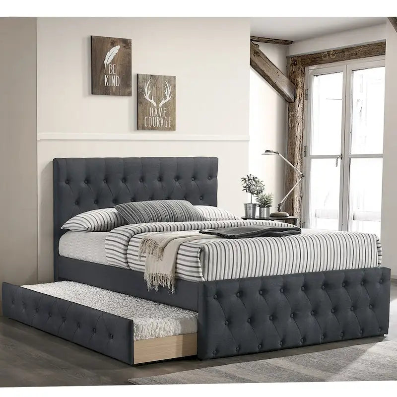 Linen Fully Upholstered Twin Size Bed with Trundle