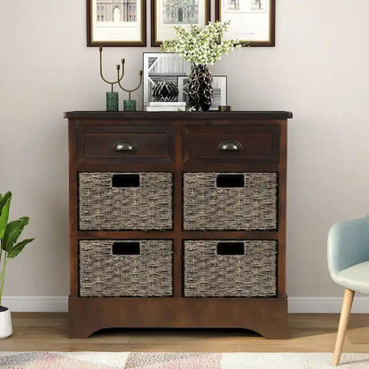 Rustic Storage Cabinet with Two Drawers and Four Classic Rattan Basket - 28L x 11.8W x 28H