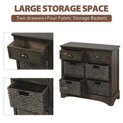 Rustic Storage Cabinet with Two Drawers and Four Classic Rattan Basket - 28L x 11.8W x 28H