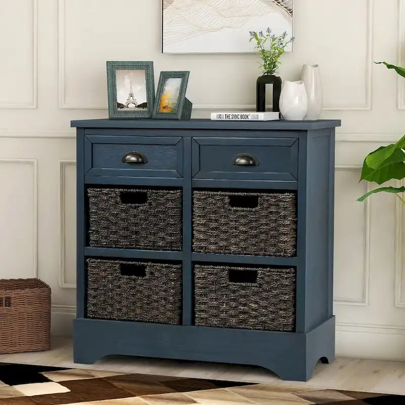 Rustic Storage Cabinet with Two Drawers and Four Classic Rattan Basket - 28L x 11.8W x 28H