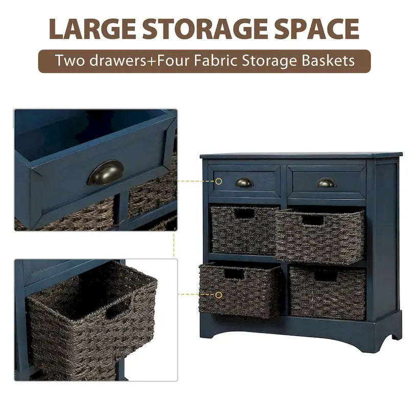 Rustic Storage Cabinet with Two Drawers and Four Classic Rattan Basket - 28L x 11.8W x 28H