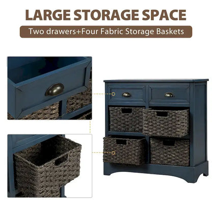Rustic Storage Cabinet with Two Drawers and Four Classic Rattan Basket - 28L x 11.8W x 28H