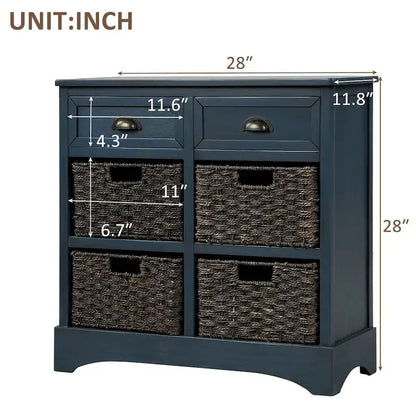 Rustic Storage Cabinet with Two Drawers and Four Classic Rattan Basket - 28L x 11.8W x 28H
