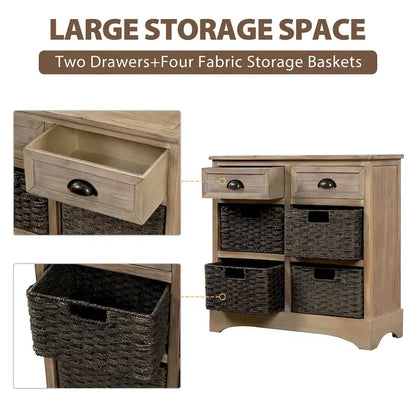 Rustic Storage Cabinet with Two Drawers and Four Classic Rattan Basket - 28L x 11.8W x 28H